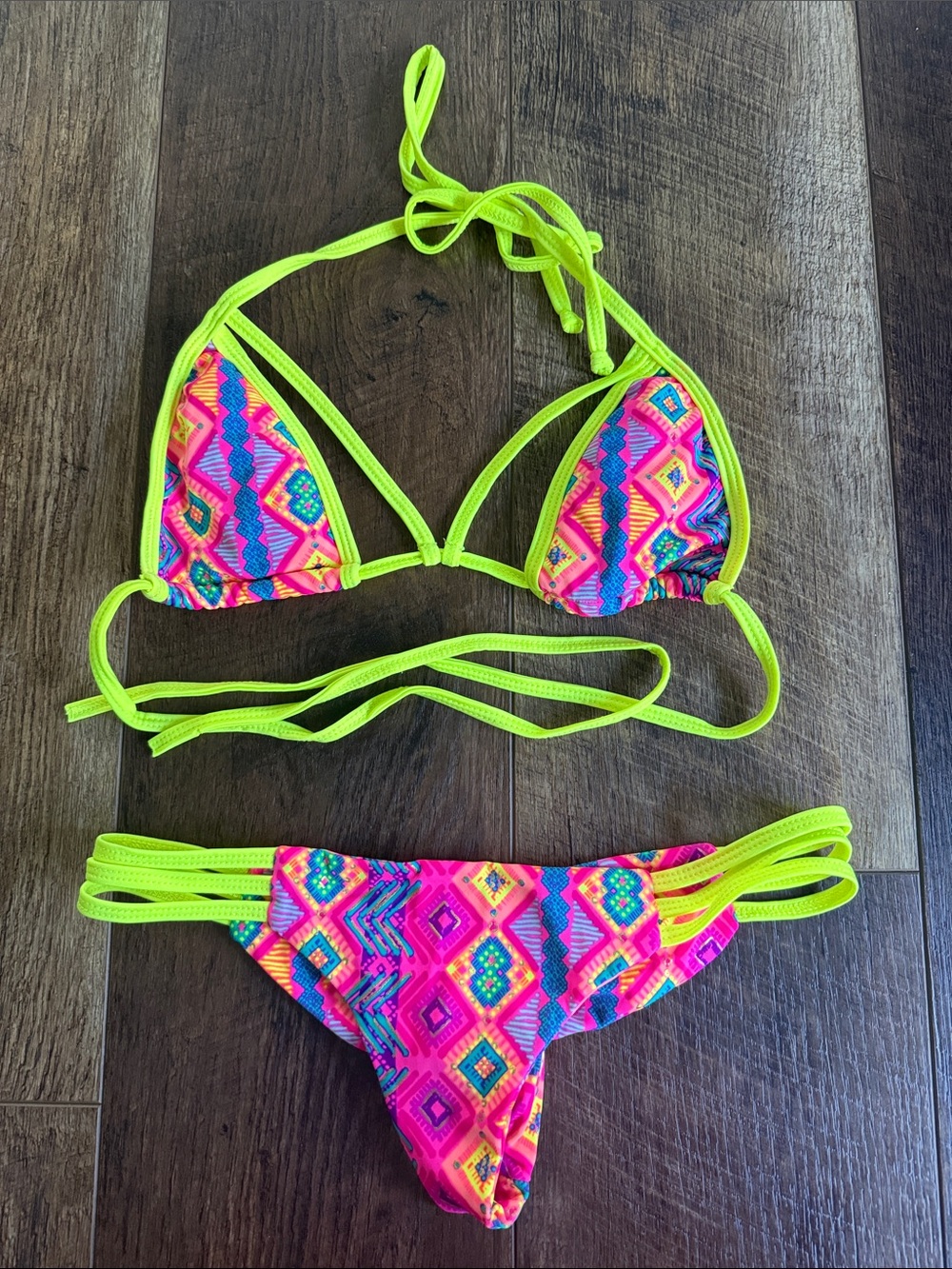 Neon Lime Multi-Color Triangle Bikini - Women